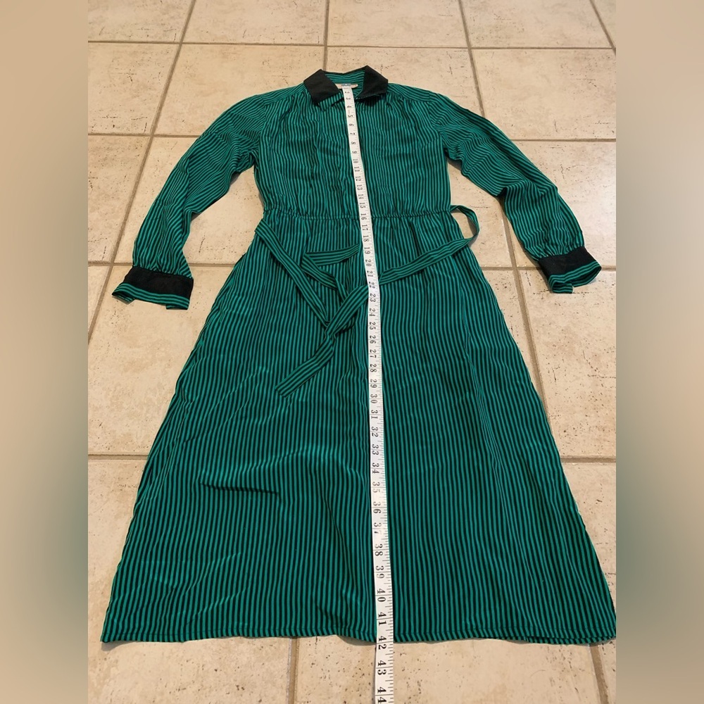 Vintage EATON 100% Silk Teal Black Striped Midi Dress Belted Button-Front Size 7 - Picture 7 of 7